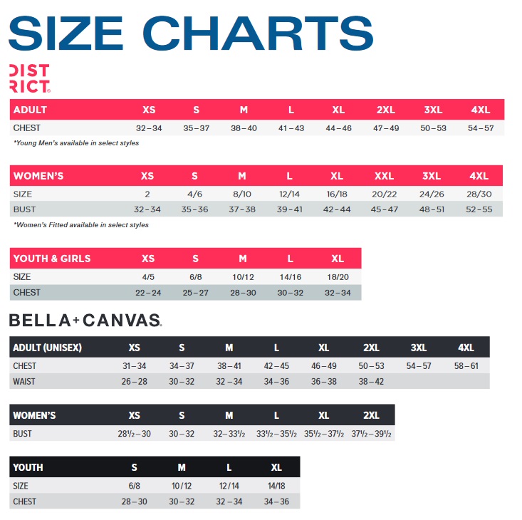 District Made, Bella Canvas Sizing Chart